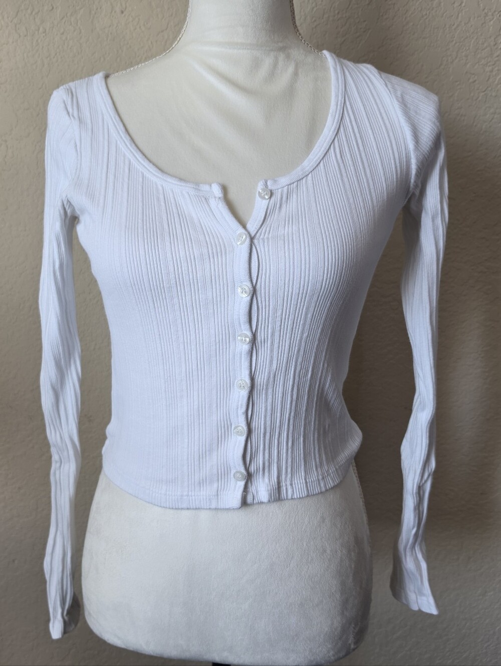 Brandy Melville White Ribbed Scoop Neck Button Long Sleeve Top OS